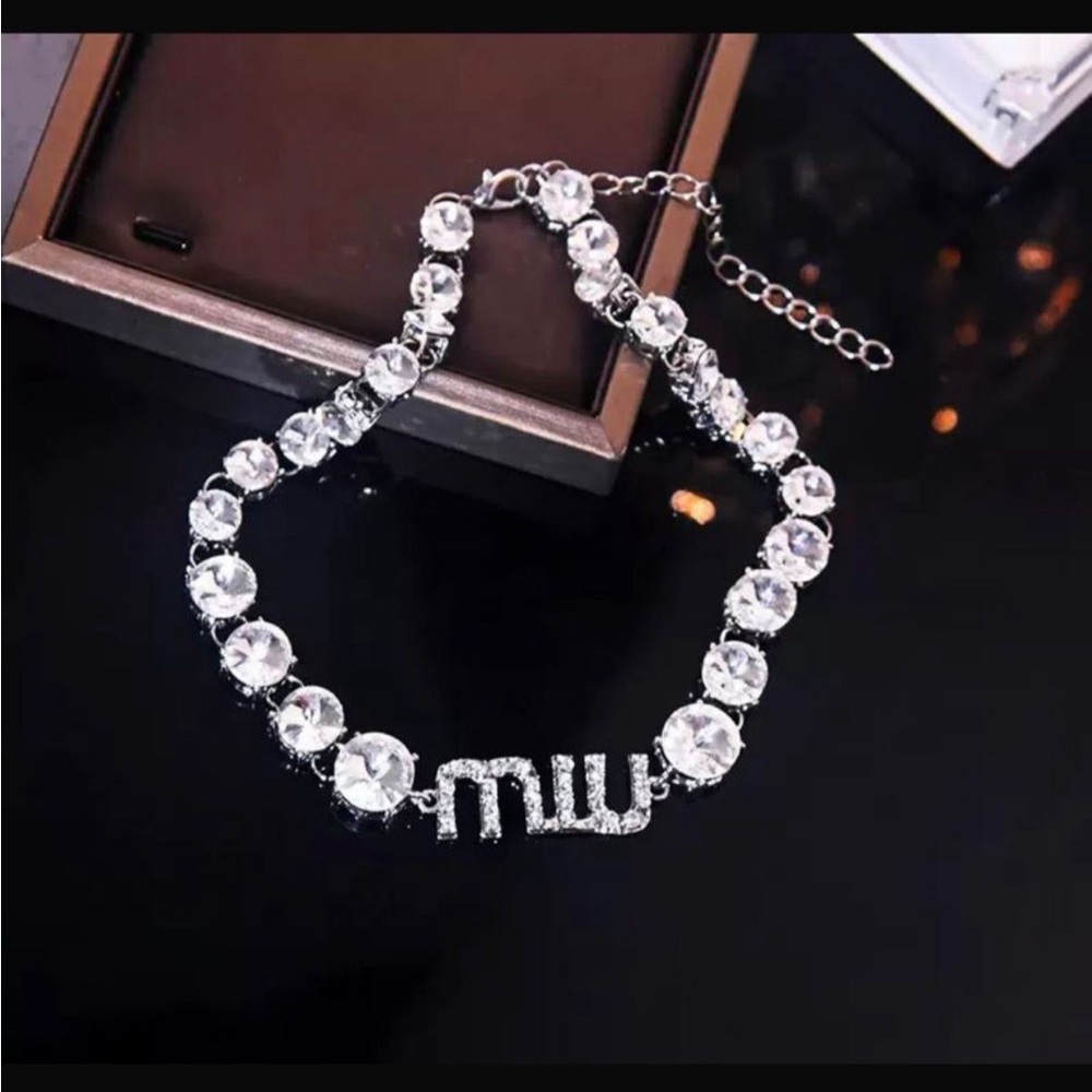 Crystal Tennis Necklace with 'MW' Initial Accent - Silver Tone
